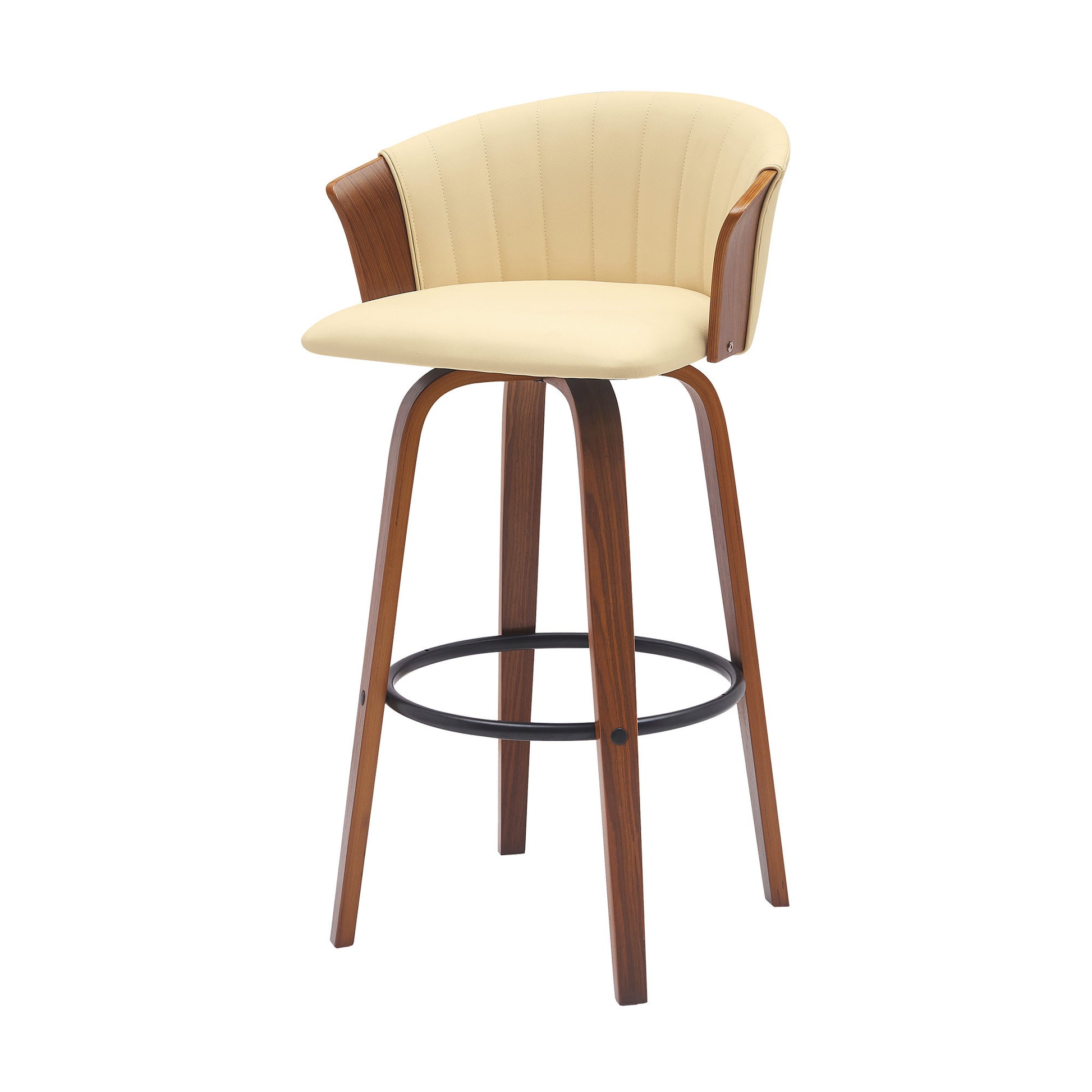 30" Cream And Wood Brown Faux Leather Swivel Bar Height Bar Chair-4