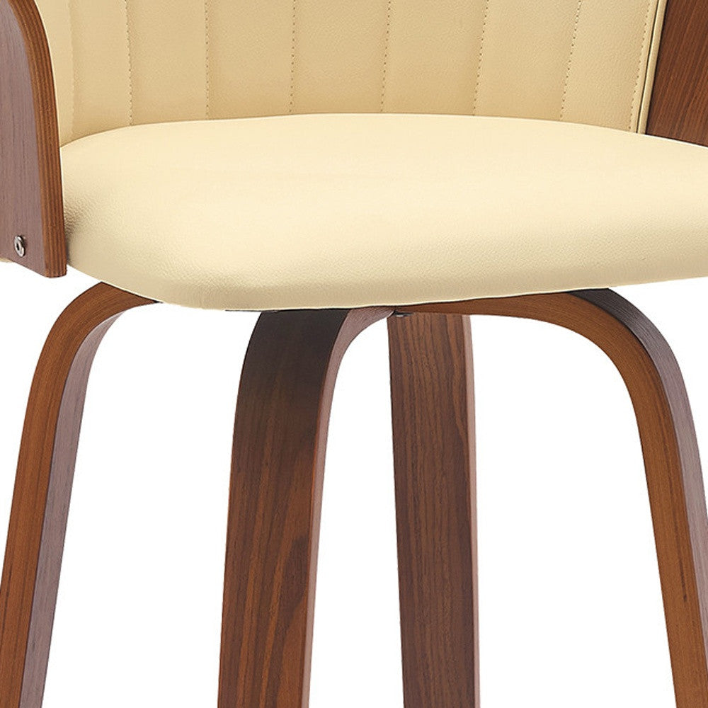 30" Cream And Wood Brown Faux Leather Swivel Bar Height Bar Chair-7