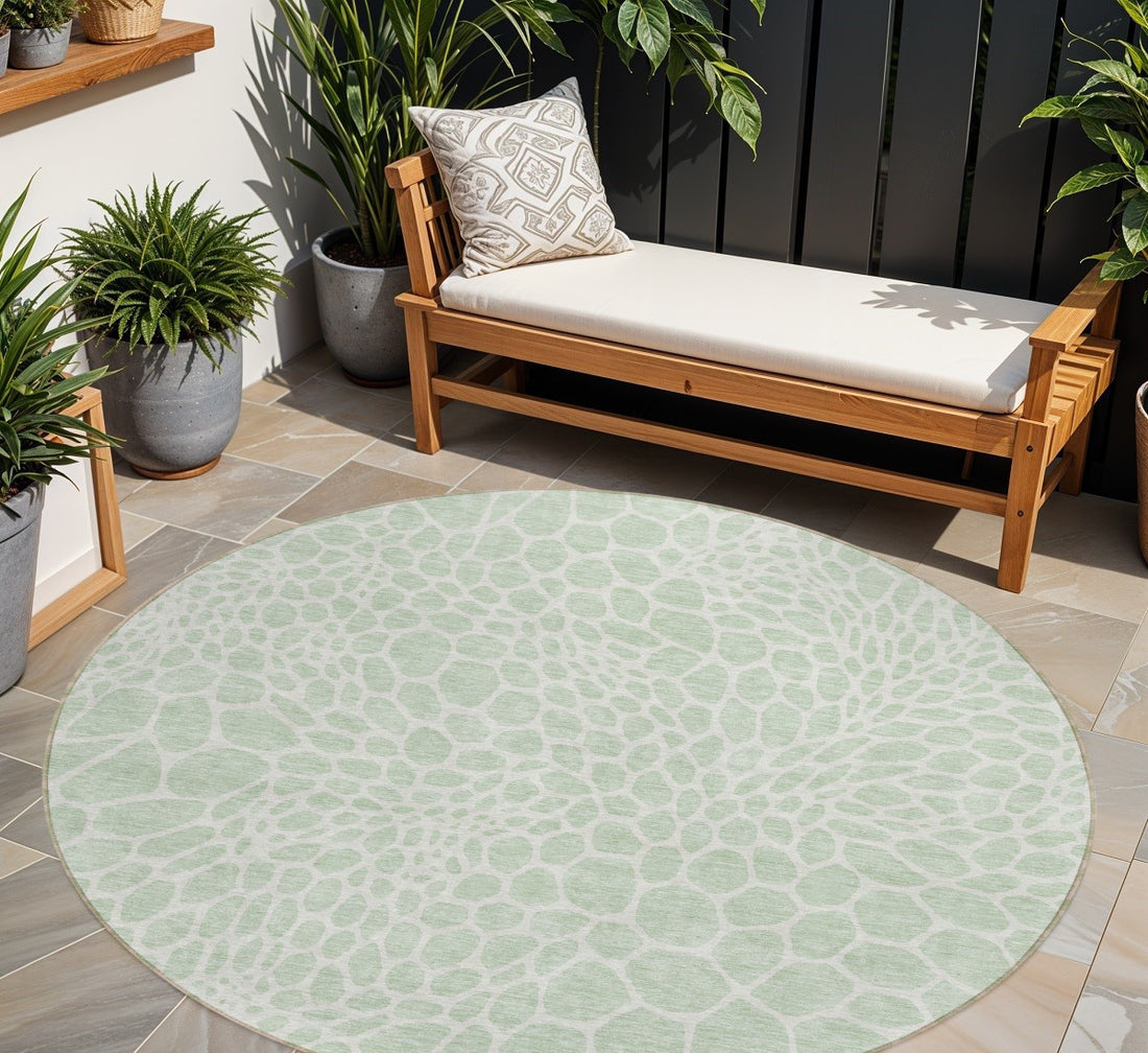 8' Mint Green And Ivory Round Geometric Washable Indoor Outdoor Area Rug-0