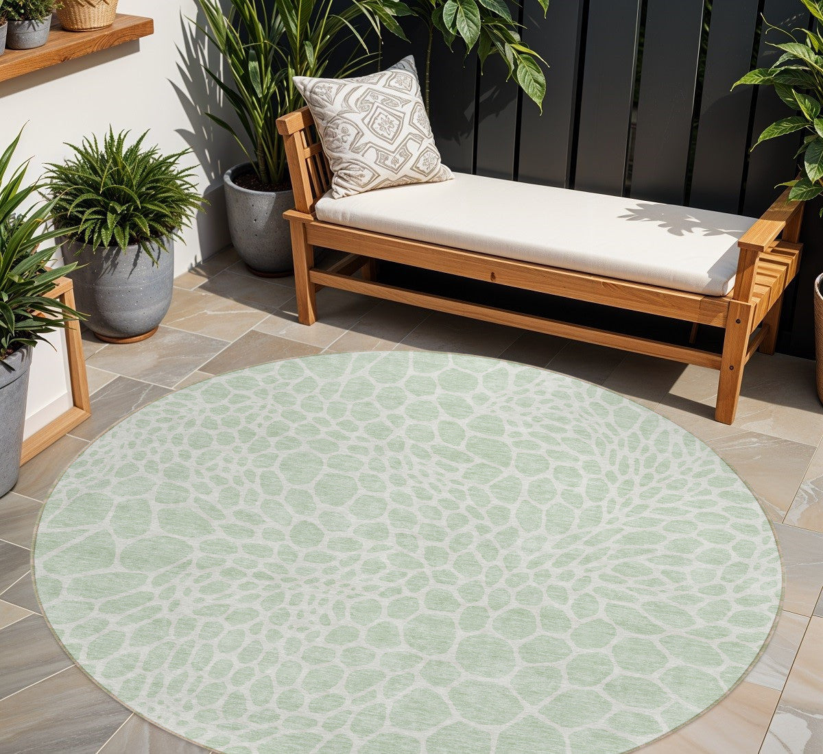 8' Mint Green And Ivory Round Geometric Washable Indoor Outdoor Area Rug-0