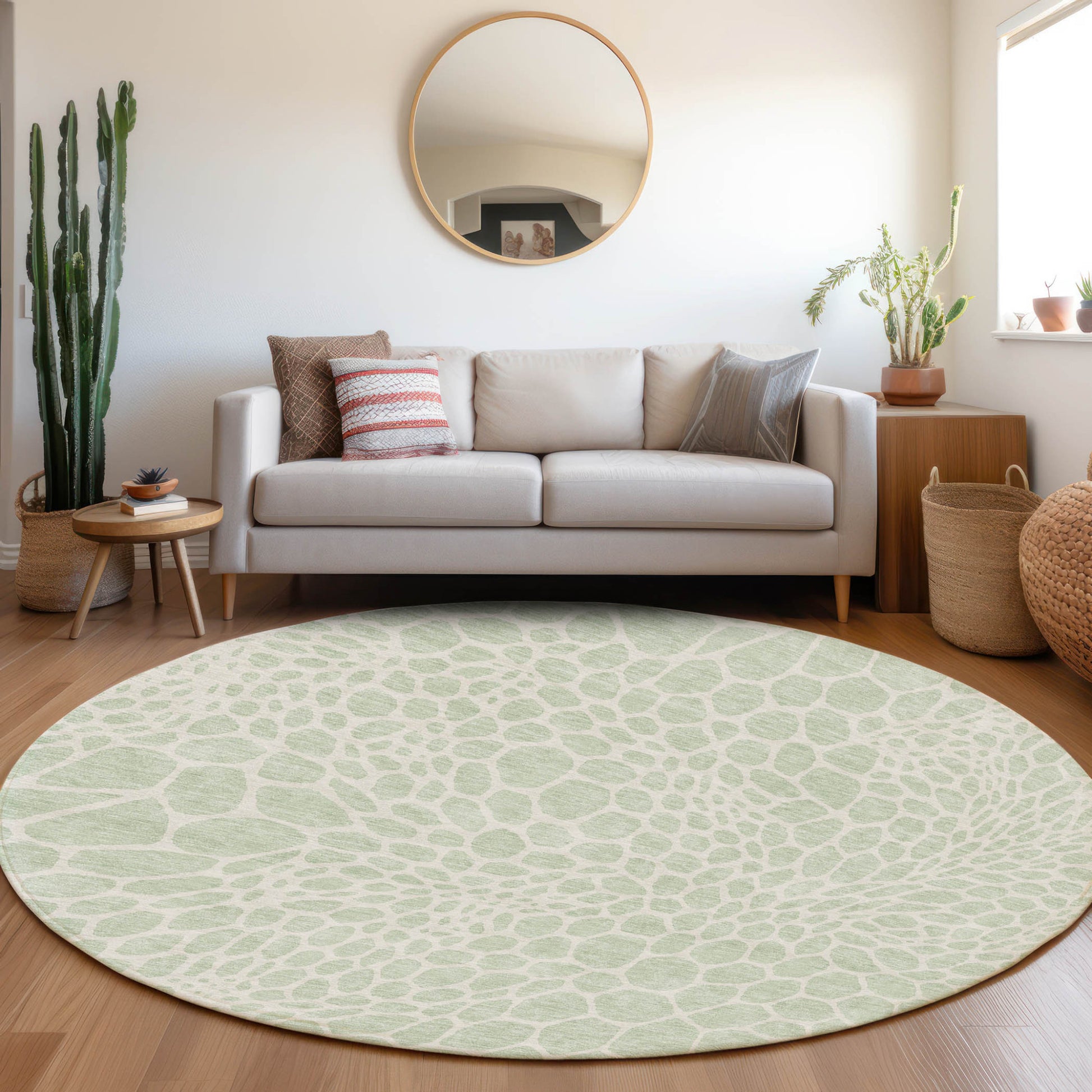 8' Mint Green And Ivory Round Geometric Washable Indoor Outdoor Area Rug-7