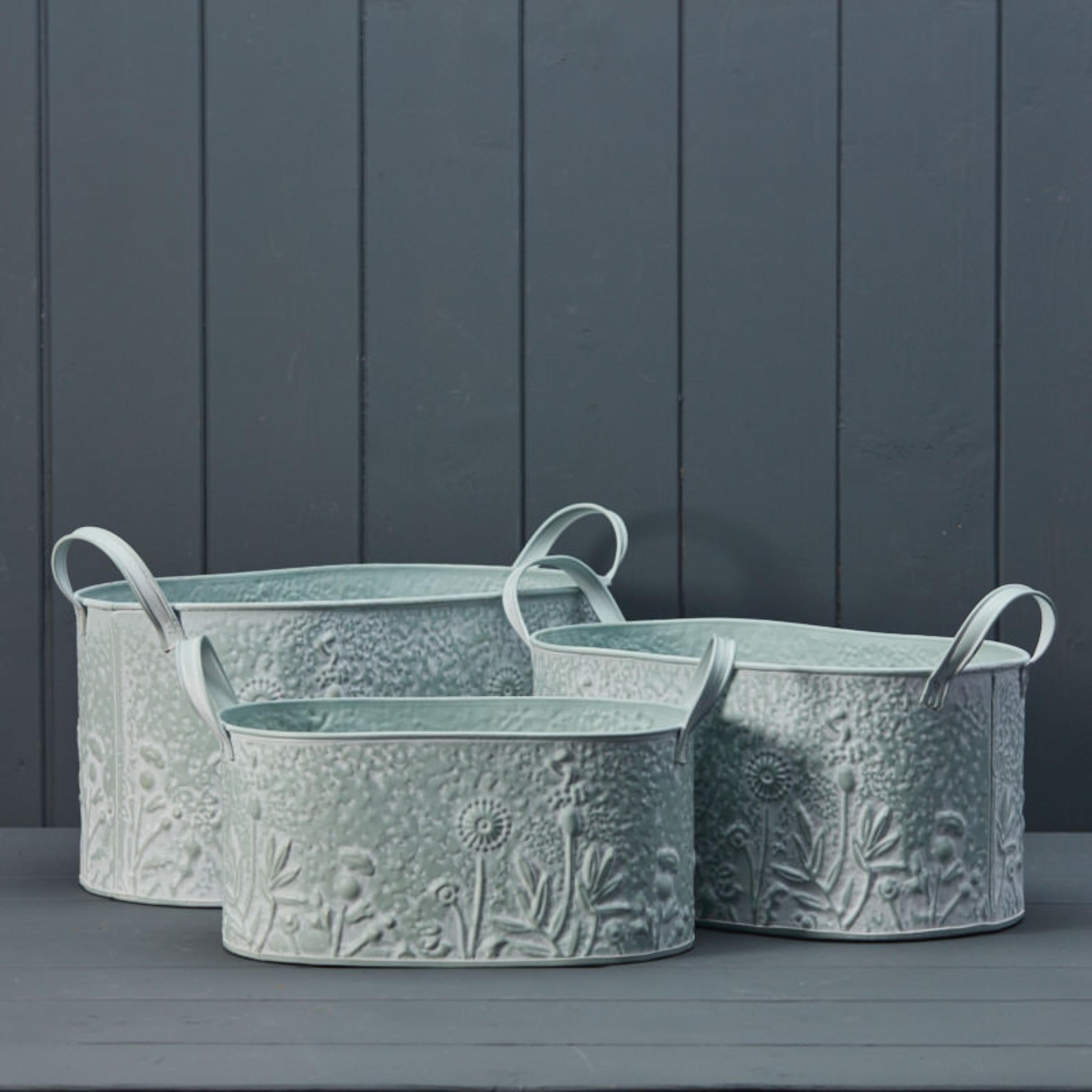 Sage Oval Zinc Planters with Floral Design Set of 3-0