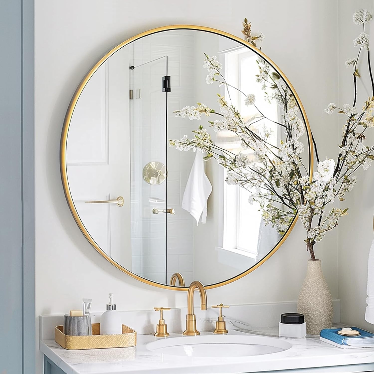 Gold round Mirror, 24 Inch Circle Mirror, Gold Metal Frame, round Wall Mounted Mirrors for Bathroom, Hallway, Living Room, Bedroom.-3