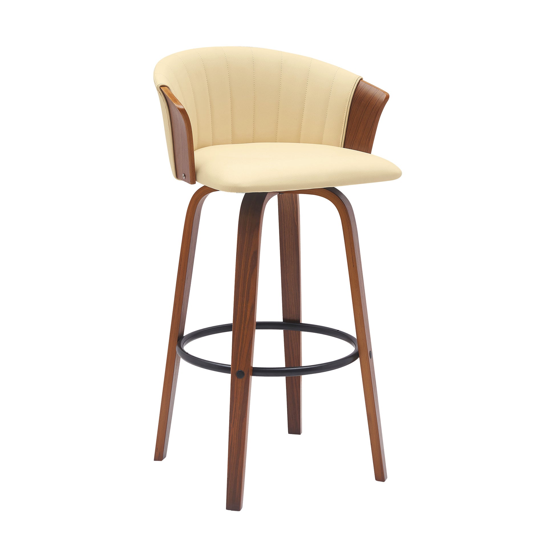 30" Cream And Wood Brown Faux Leather Swivel Bar Height Bar Chair-2