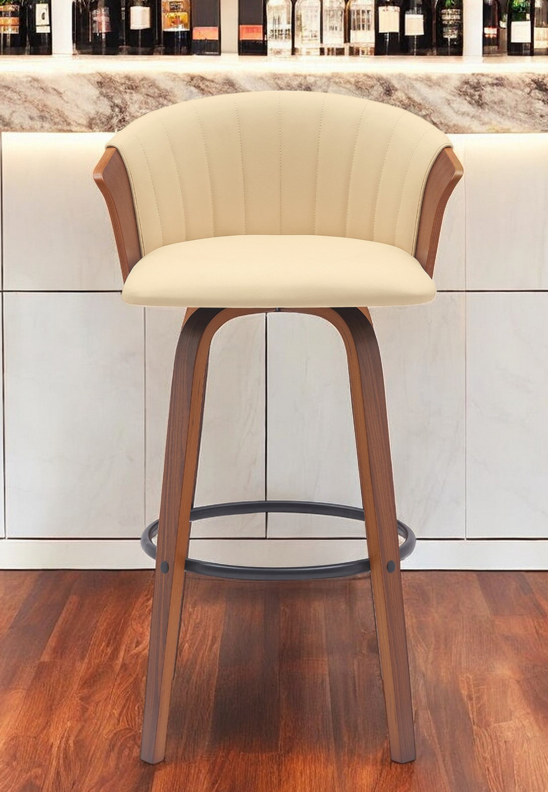 30" Cream And Wood Brown Faux Leather Swivel Bar Height Bar Chair-0