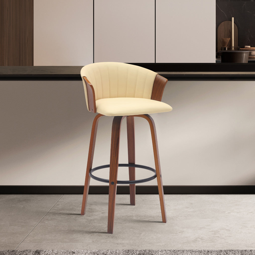 30" Cream And Wood Brown Faux Leather Swivel Bar Height Bar Chair-8