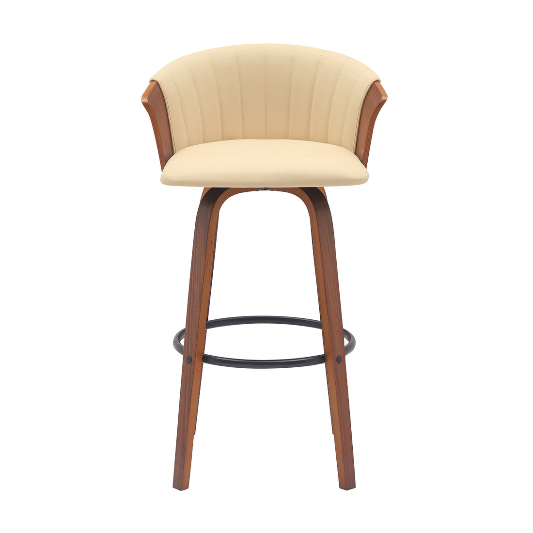 30" Cream And Wood Brown Faux Leather Swivel Bar Height Bar Chair-0