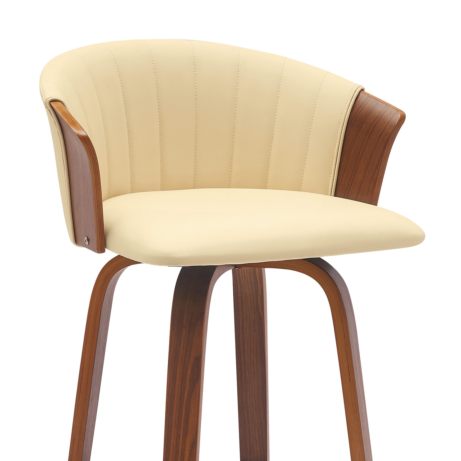 30" Cream And Wood Brown Faux Leather Swivel Bar Height Bar Chair-5