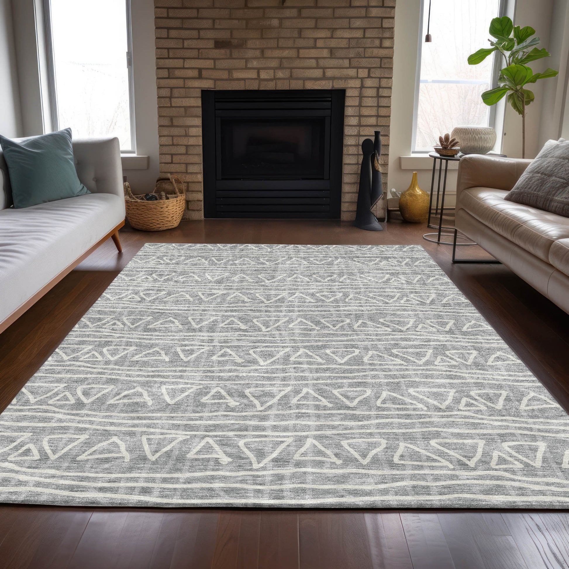 10' X 14' Gray Charcoal And Silver Geometric Washable Indoor Outdoor Area Rug-6