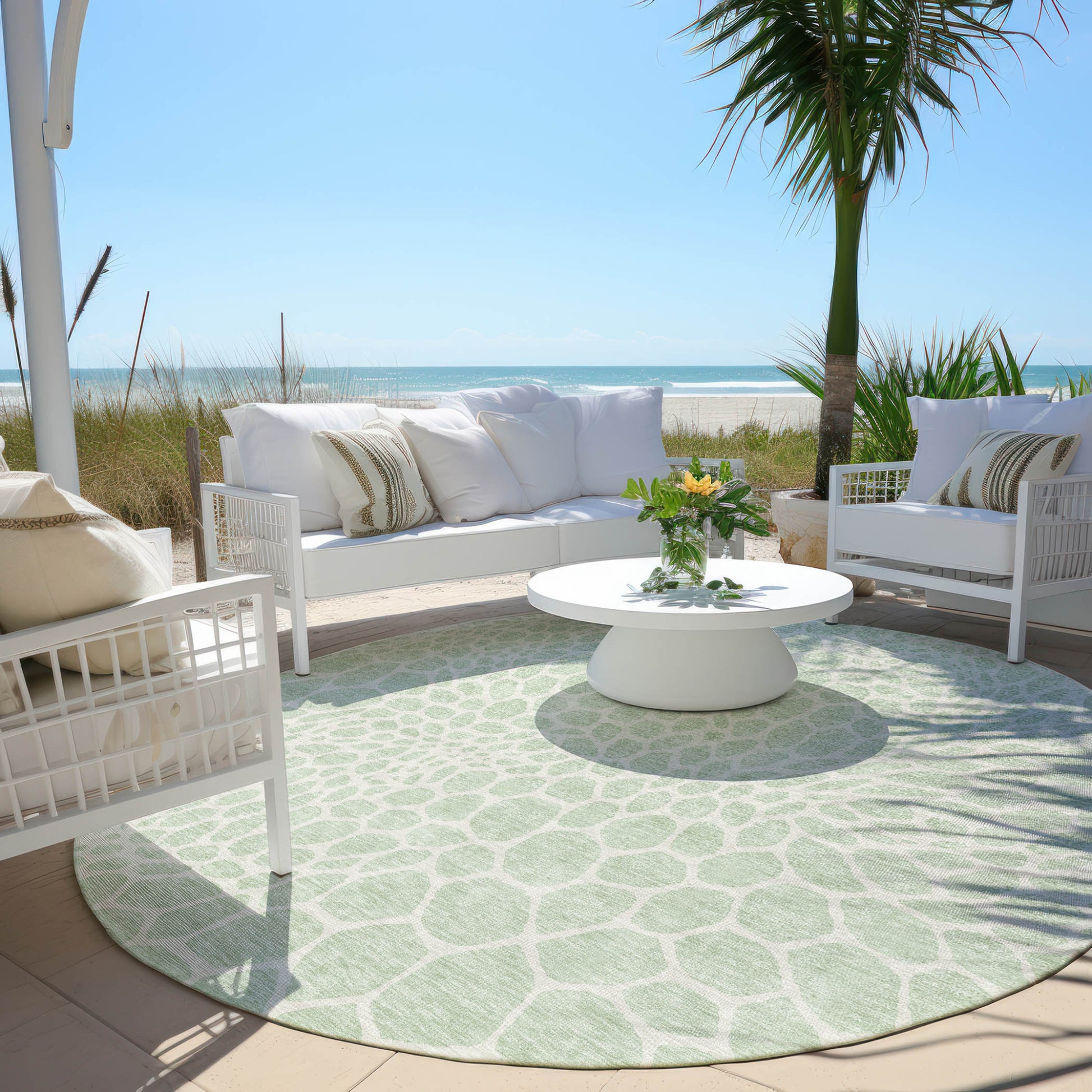 8' Mint Green And Ivory Round Geometric Washable Indoor Outdoor Area Rug-6