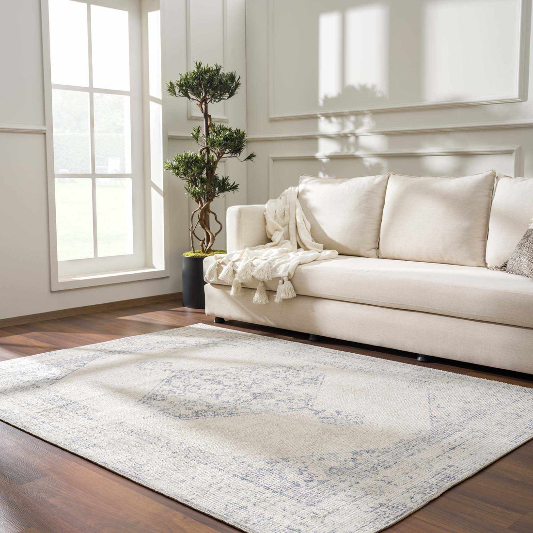 Mortye Cream & Blue Medallion Area Rug - Clearance-0