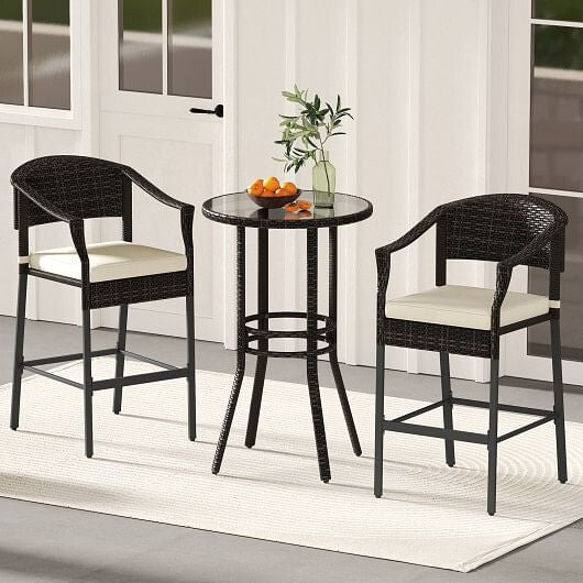 3-Piece Patio Rattan Bar Set with Tempered Glass Top for Backyard Poolside-Brown-0