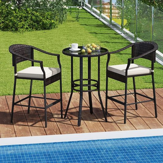 3-Piece Patio Rattan Bar Set with Tempered Glass Top for Backyard Poolside-Brown-0