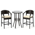 3-Piece Patio Rattan Bar Set with Tempered Glass Top for Backyard Poolside-Brown-2