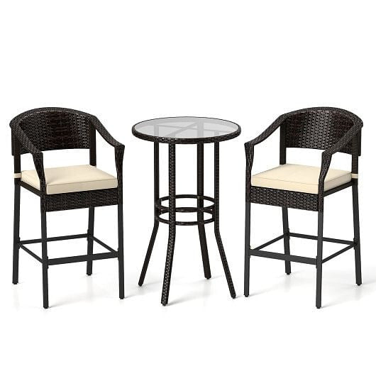 3-Piece Patio Rattan Bar Set with Tempered Glass Top for Backyard Poolside-Brown-2