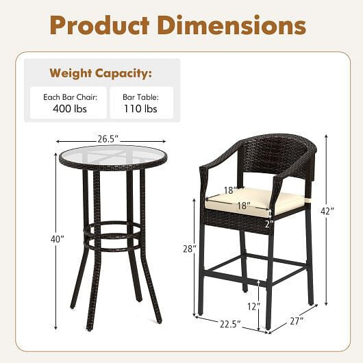 3-Piece Patio Rattan Bar Set with Tempered Glass Top for Backyard Poolside-Brown-3