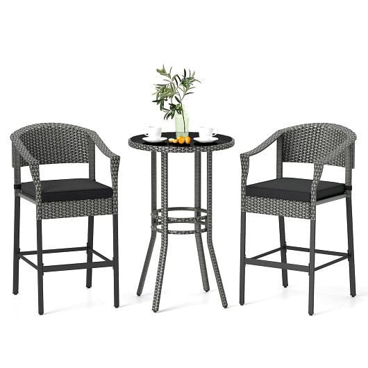3-Piece Patio Rattan Bar Set with Tempered Glass Top for Backyard Poolside-Brown-4