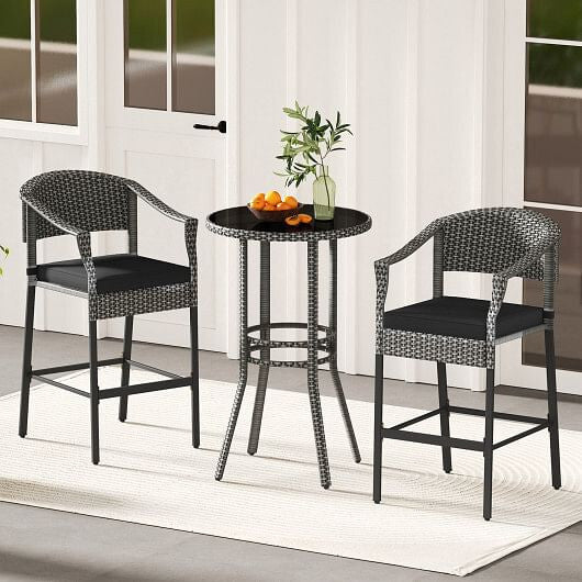 3-Piece Patio Rattan Bar Set with Tempered Glass Top for Backyard Poolside-Brown-5