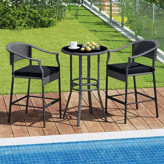 3-Piece Patio Rattan Bar Set with Tempered Glass Top for Backyard Poolside-Brown-6