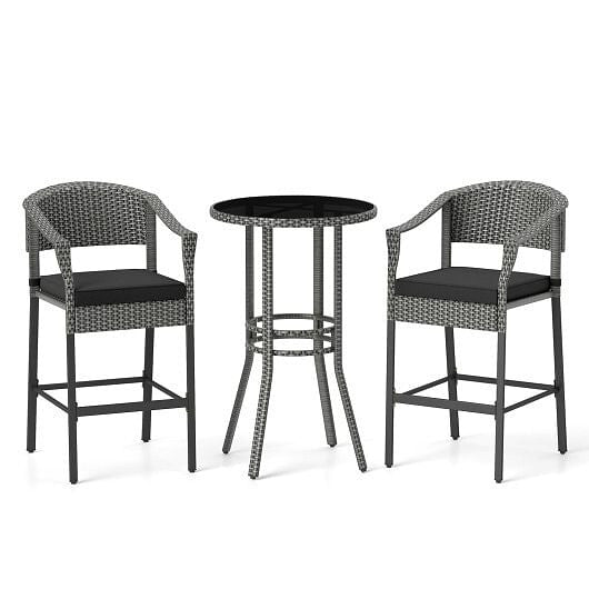 3-Piece Patio Rattan Bar Set with Tempered Glass Top for Backyard Poolside-Brown-7