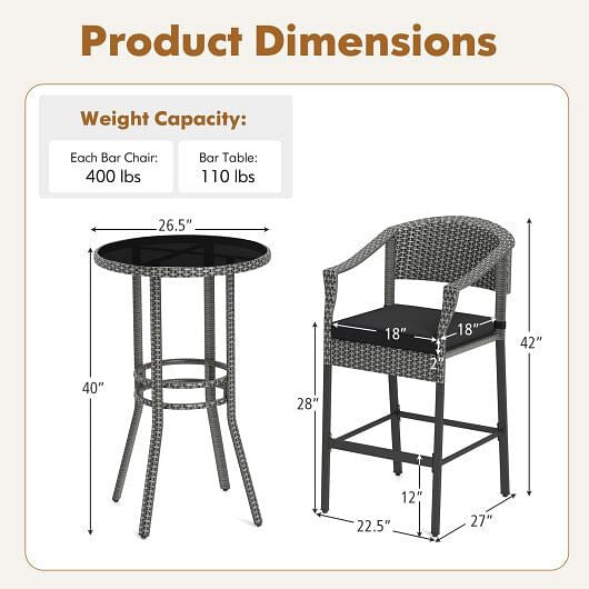 3-Piece Patio Rattan Bar Set with Tempered Glass Top for Backyard Poolside-Brown-8