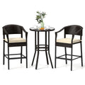 3-Piece Patio Rattan Bar Set with Tempered Glass Top for Backyard Poolside-Brown-9