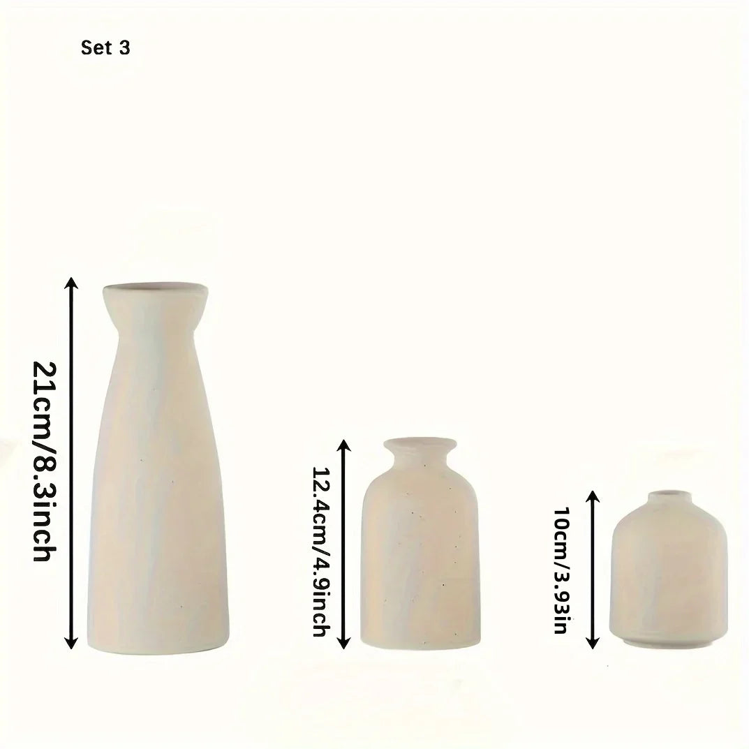 Set of 3 Ceramic Vases Rustic Farmhouse Decorative Beige-3