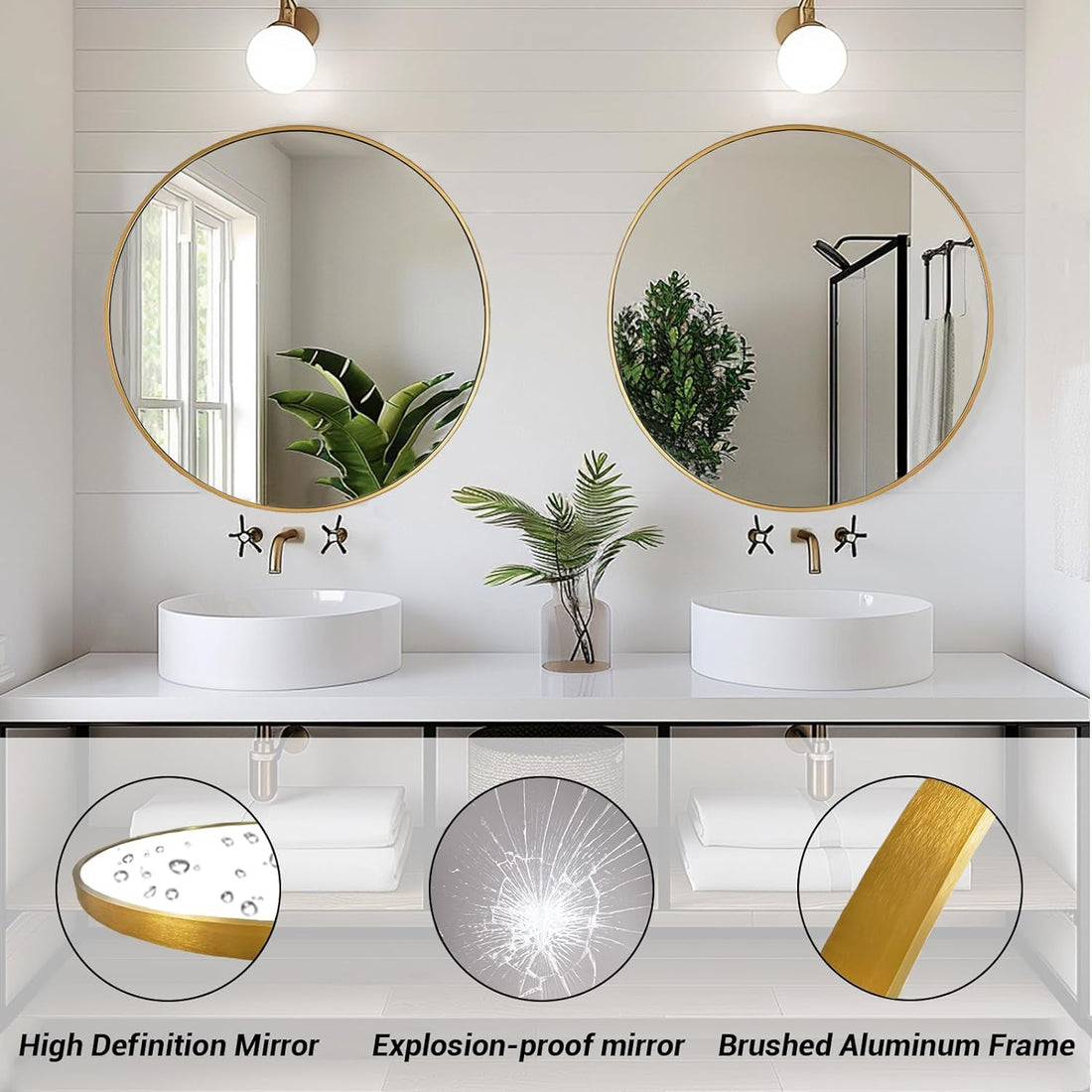Gold round Mirror, 24 Inch Circle Mirror, Gold Metal Frame, round Wall Mounted Mirrors for Bathroom, Hallway, Living Room, Bedroom.-0